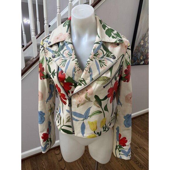 Alice + Olivia Cody Embroidered Leather Moto Jacket Floral Print White Small - Picture 1 of 3